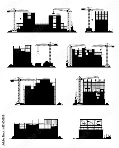 Construction site black silhouettes with vector buildings and builder equipment. Infrastructure, industrial and home construction sites, cranes, concrete panels, falsework systems, building materials