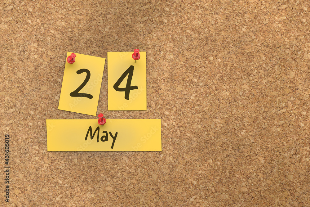3d rendering of important days concept. May 24th. Day 24 of month. The date written on yellow papers is pinned to the cork board. Spring month, day of the year. Remind you an important event. 3d rendering of important days concept. May 24th. Day 24 of month. The date written on yellow papers is pinned to the cork board. Spring month, day of the year. Remind you an important event.