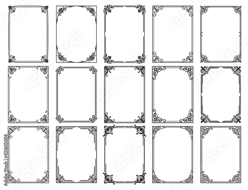 Vintage floral frames with vector borders of black flower ornaments. Filigree frames with corners of royal lilies, victorian flourishes and scrolls, wedding card and certificate decorative elements