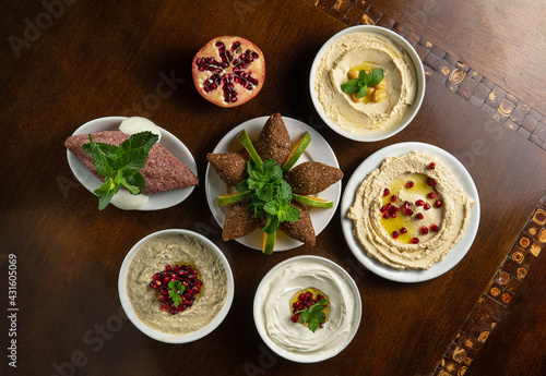 Traditional Middle Eastern food. Lebanese food. Arabian Baba Ghanoush with Pomegranate seeds, Labneh yorgut, Hummus, raw kibbeh. Top view