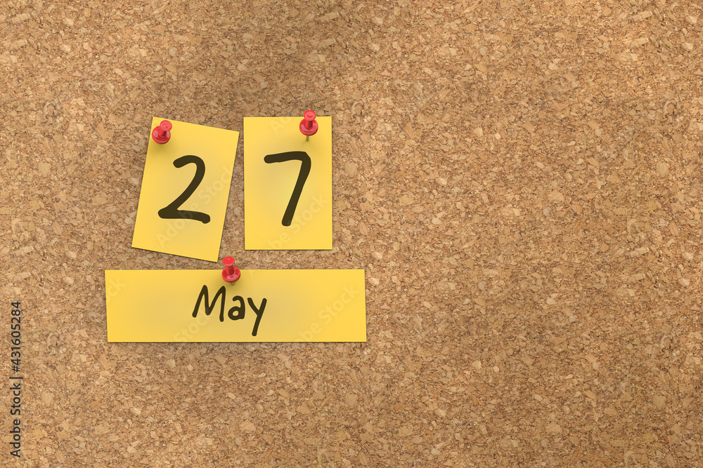 3d rendering of important days concept. May 27th. Day 27 of month. The date written on yellow papers is pinned to the cork board. Spring month, day of the year. Remind you an important event. 3d rendering of important days concept. May 27th. Day 27 of month. The date written on yellow papers is pinned to the cork board. Spring month, day of the year. Remind you an important event.