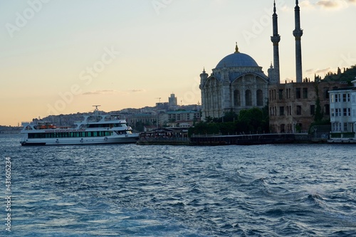 Istanbul skyline at sunset, Turkey. Beautiful cityscape of Istanbul with cruise ships. Traveling and vacation in Istanbul in summer at sunset
