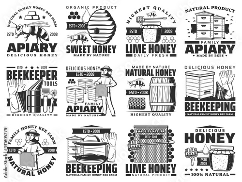 Honey and beekeeping farm vector icons, family apiary products, agriculture production and beekeeper tools shop isolated labels. Beehive honeycomb, wooden barrel and honey splash drops emblems set