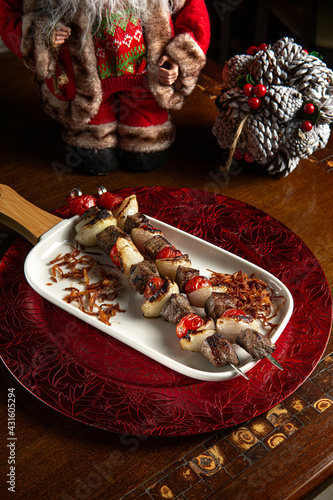 Traditional Middle Eastern food. Lebanese food. Arabian lamb barbecue. Christmas decoration