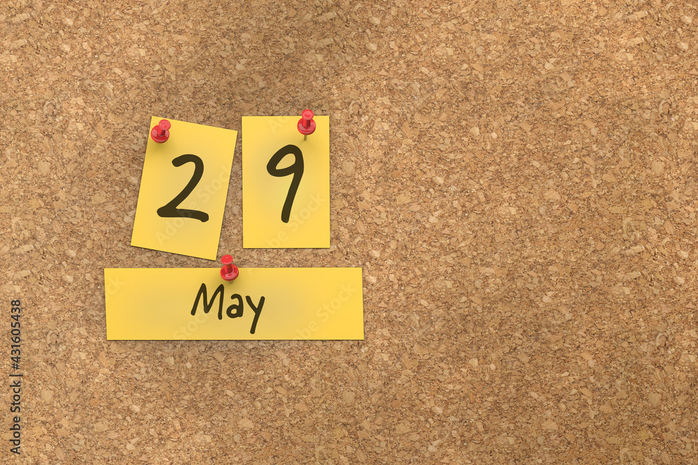 3d rendering of important days concept. May 29th. Day 29 of month. The date written on yellow papers is pinned to the cork board. Spring month, day of the year. Remind you an important event. 3d rendering of important days concept. May 29th. Day 29 of month. The date written on yellow papers is pinned to the cork board. Spring month, day of the year. Remind you an important event.