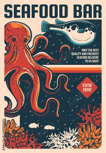 Seafood bar, fish and sea food restaurant menu cover, vector retro poster. Japanese, Korean and Chinese Asian cuisine food bar, gourmet sushi, sashimi of seafood octopus and fugu fish in aquarium
