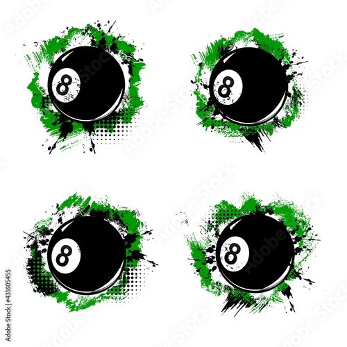Billiard ball banner, pool tournament and snooker championship vector halftone splash backgrounds. Billiard cue sport and poolroom club emblem badges with 8 eight ball on green and black paint