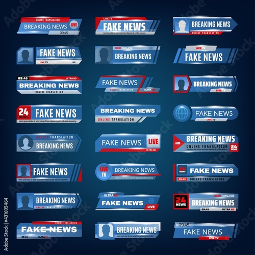 News fake and breaking, banners and live TV media vector icons or background template. Breaking fake news and hoax headers for online translation, newspaper cover and world social television broadcast