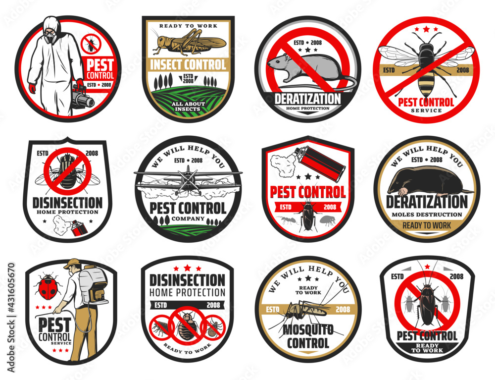 Pest control isolated icons with vector pest bugs and insects, insecticide and exterminator, cockroach, mosquito and fly, ant, mite, spider and flea, rat, mouse, termite. Pest control service design