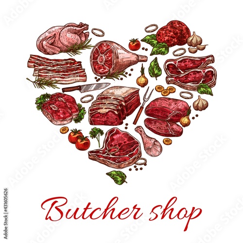 Meat, butcher shop heart banner with beef, pork and lamb food, vector poster. Butchery farm market meat steaks, ham and barbecue ribs, chicken and turkey poultry, bacon pork filet and roast beef