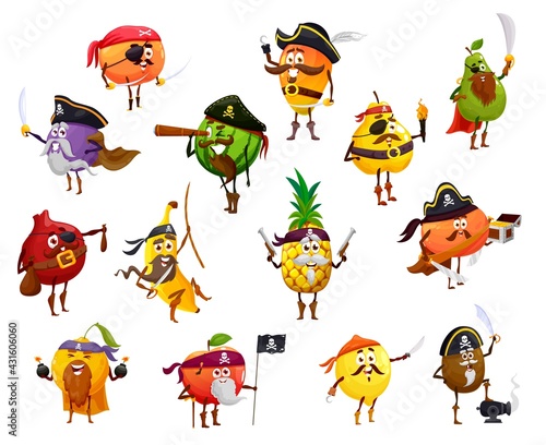 Fruit pirate, corsair and buccaneer cartoon characters. Vector orange, apple, mango and pineapple, watermelon, banana, grapefruit and kiwi, pear, lemon and plum with pirate captain hats, flag, swords