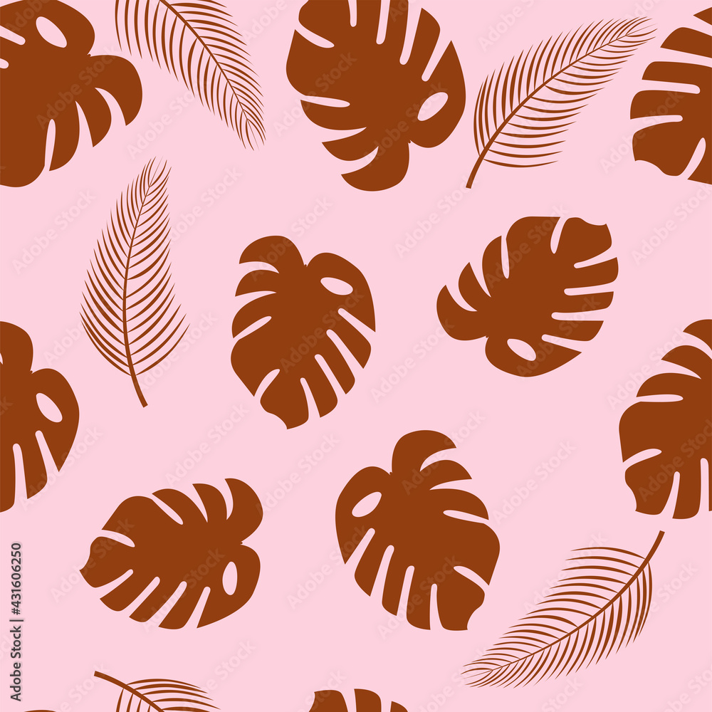 Obraz premium Gold palm leaves Vector seamless pattern Different tropical foliage on light pink background