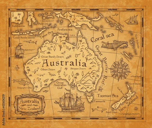 Antique map of Australia continent and New Zealand islands. Vector old parchment with islands map, mountain ranges and deserts, sea and ocean with vintage sail ship, caravel and nautical compass rose