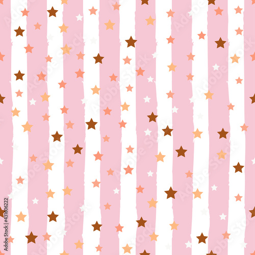Vector illustration with cute gold seamless pattern Many small star confetti on striped pink and white background