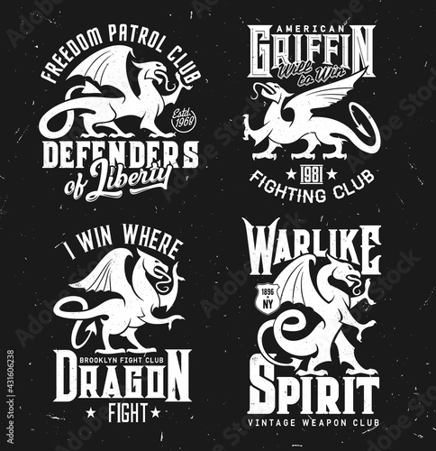 T-shirt prints of heraldic griffins, vector mascot of fighting club. Mythical animals silhouettes and typography, fantasy Griffon, dragon, lion and eagle creature isolated grunge labels, signs set