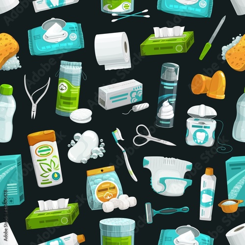 Personal care, hygiene and health pattern, seamless vector background. Personal care, hygiene and body health items of bathroom soap, toothpaste, bath or shower and toilet tubes, shampoo and diapers