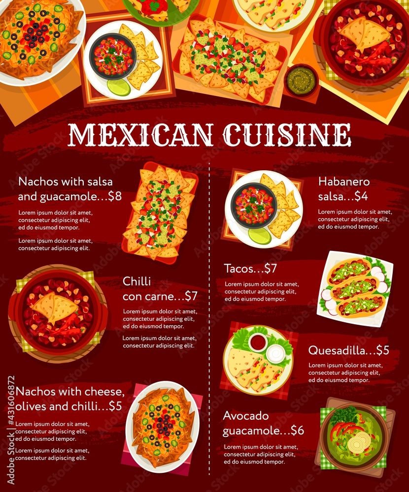 Mexican food cuisine dishes menu, Mexico meals and traditional tacos, chili con carne and nachos, vector. Mexican cuisine food nachos with guacamole and habanera salsa, avocado sauce and quesadilla