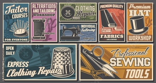 Tailor workshop, sewing services retro posters. Needle and thread, fabrics roll, scissors and buttons vector. Tailor courses, clothing and hat repair, sewing equipment and textile shop vintage banners
