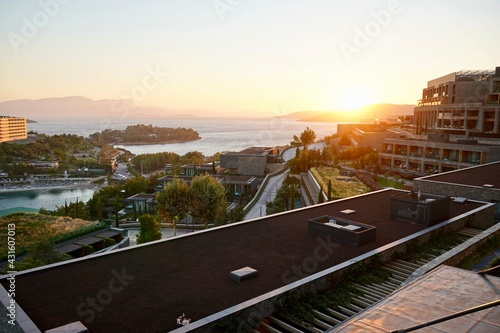 Bodrum, Turkey - August 2020: Hotel beach Lujo. Vacation in Paradise. Beautiful tropical beach banner. White sand travel tourism wide panorama background concept. Amazing beach landscape, yachts