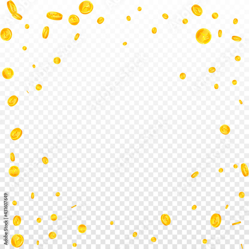 Indian rupee coins falling. Fair scattered INR coins. India money. Enchanting jackpot, wealth or success concept. Vector illustration.