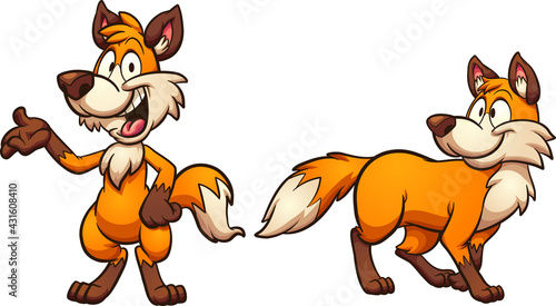 Cartoon fox standing in two and four legs. Vector clip art illustration with simple gradients. Each on a separate layer. 
