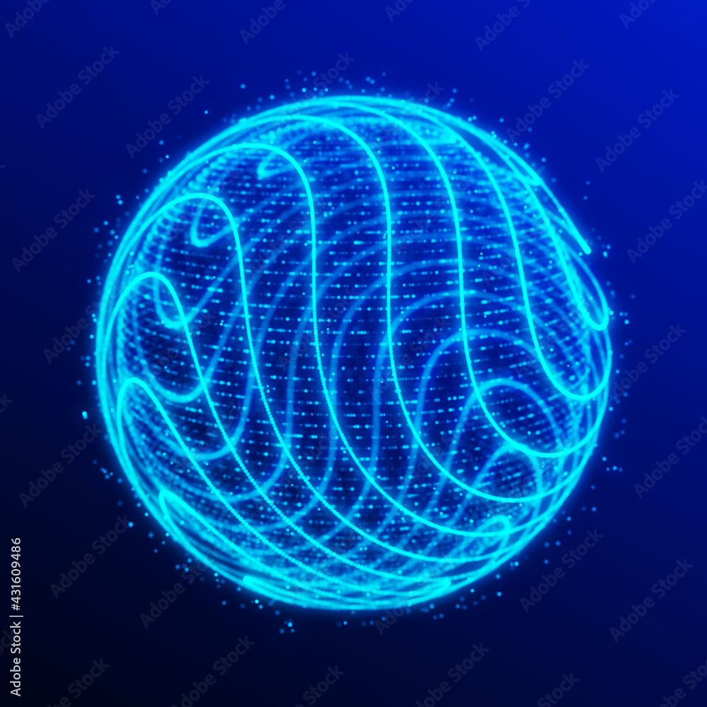 Abstract 3d sphere. Sphere with twist lines. Glowing lines twisting Logo design. Outer space object. Futuristic technology style. Sphere particles. 3d rendering.