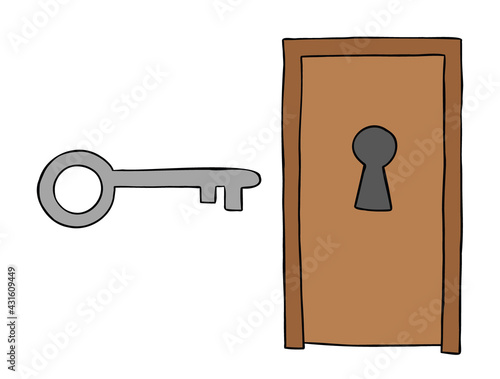 Cartoon vector illustration of wooden door with big keyhole and big key.