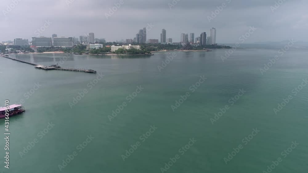 Flying towards Sanctuary of Truth Pattaya City Water Front in The Morning Flying towards Sanctuary of Truth Pattaya City Water Front in The Morning