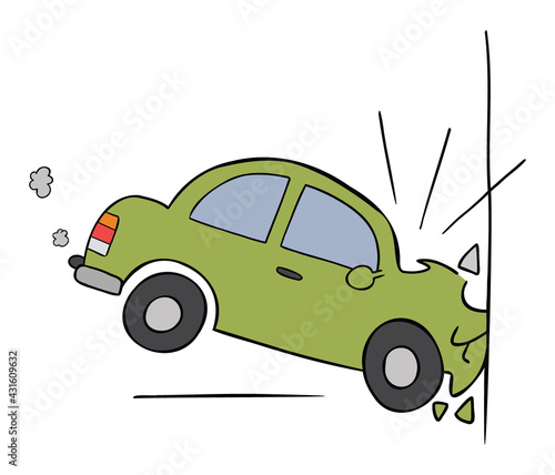 Cartoon vector illustration of car accident, crashing into the wall.