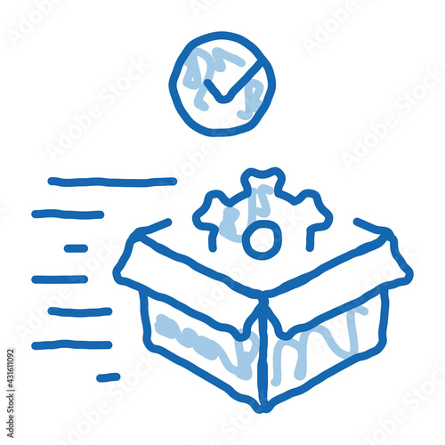 mechanical gear in box, fast delivery doodle icon hand drawn illustration