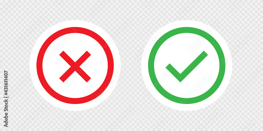 Check and cross mark set. Checkmark icon on transparent background. Ok and yes symbol in vector flat Check and cross mark set. Checkmark icon on transparent background. Ok and yes symbol in vector flat