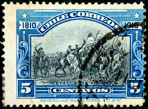 stamp printed in Chile shows the Battle of Maipo, in the series belonging to the Centennial of Independence