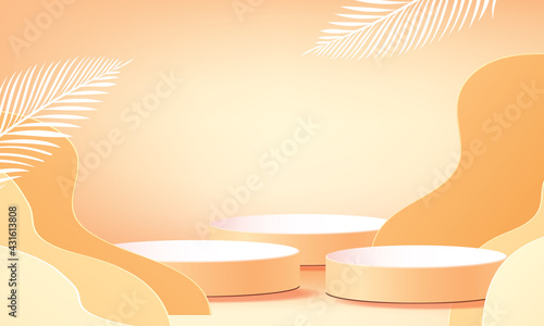  3d geometric podium mockup leaf tropical netural concept for showcase yellow background Abstract minimal scene product presentation 