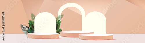 3d geometric podium mockup leaf tropical netural concept for showcase Brown background Abstract minimal scene product presentation 
