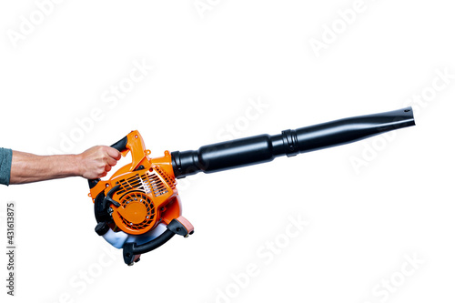 Close up hand holding a Garden blower isolated on white background. Worker with a leaf blower. Leaf blower. Gardening. Handheld Blowing leaves away. Tools. Gardening. Machine.