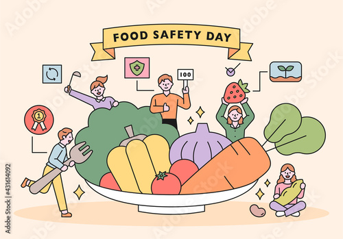 Food Safety Day. Customers looking for healthy and safe food with fresh vegetables on a huge plate. flat design style minimal vector illustration.