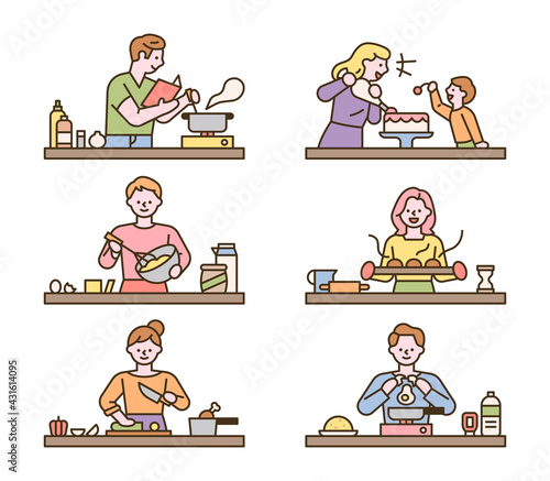 People are cooking different dishes at each table. flat design style minimal vector illustration.