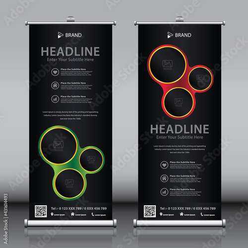 Roll up banner green, black, white beautiful circle business brochure flyer banner design vertical template vector with 3 images, three titles and description. Business, advertisement, shop banner.