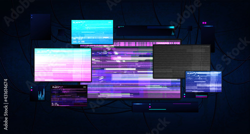 Futuristic server room with screens glitch effect. Dark cyberspace with burning monitors, wires and working equipment. Cyberpunk server room with monitors. Hacking and cyber protection concept. Vector