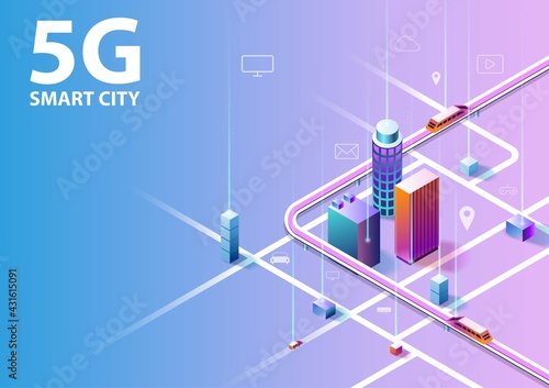 Concept of 5G smart city, communication network technology. High speed internet and connection. Vector illustration design.