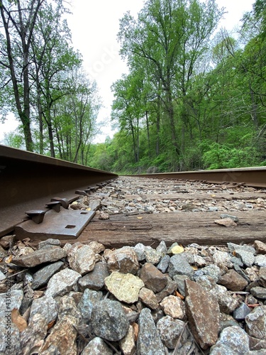 Point of view railroad tracks in the forest