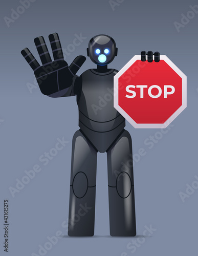 robot cyborg holding red stop sign robotic character showing no entry hand gesture artificial intelligence