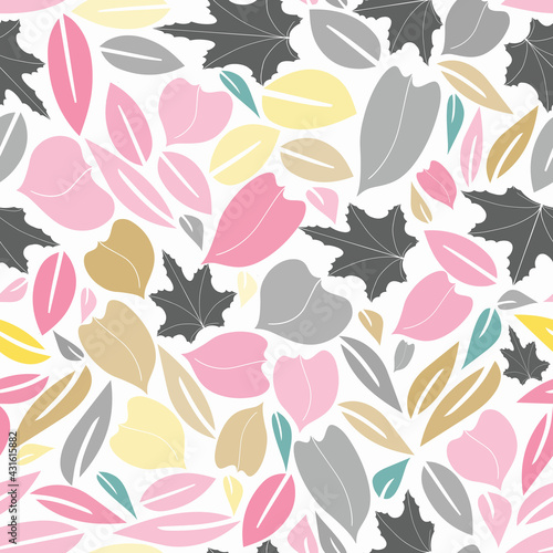 Seamless baby pattern with pink  grey and yellow hand drawn leaves on a white background. The pattern can be used for wrapping papers  cards  wallpapers  covers  textile prints. Vector  eps 10.