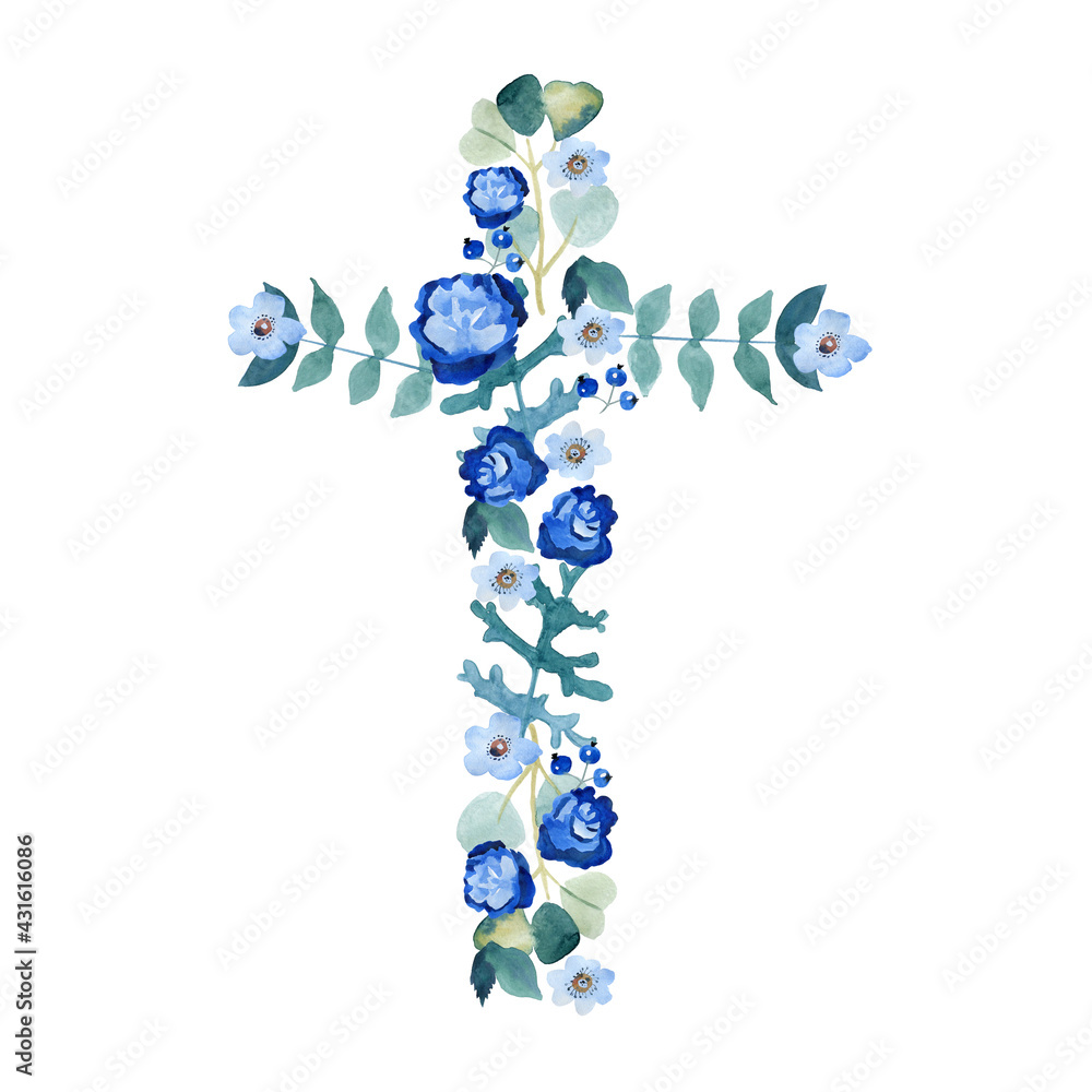 Watercolor Flower Cross, Wood Cross, Baptism, Floral Clipart, First