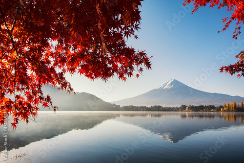 Fuji Mountain Reflection and Red Maple Leaves with Morning Mist at Kawaguchiko Lake, Japan © iamdoctoregg