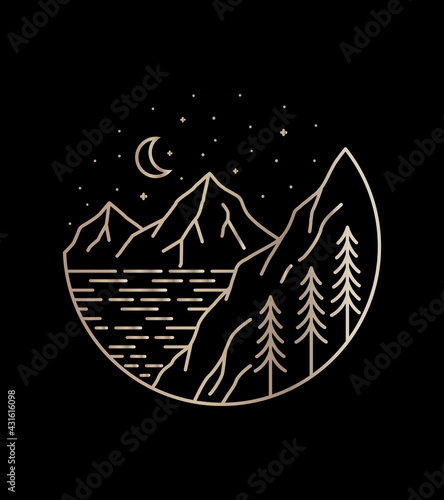 view of the mountains and sea the starry night in mono line art, patch badge design, emblem design, T-Shirt Design