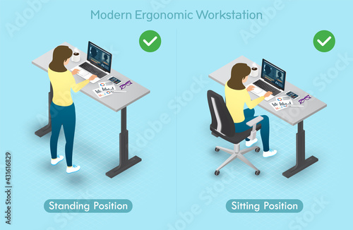 Modern Ergonomic Workstation Adjustable Table Helps to Prevent Office Syndrome, Numb by Changing Working Position During The Day for Female Employee Using Laptop, Smartphone, Stylus, Reported Paper 