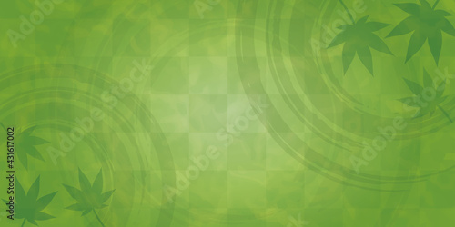 青紅葉と波紋の和風背景　緑　お茶イメージ　横長（サイズ比率2:1）