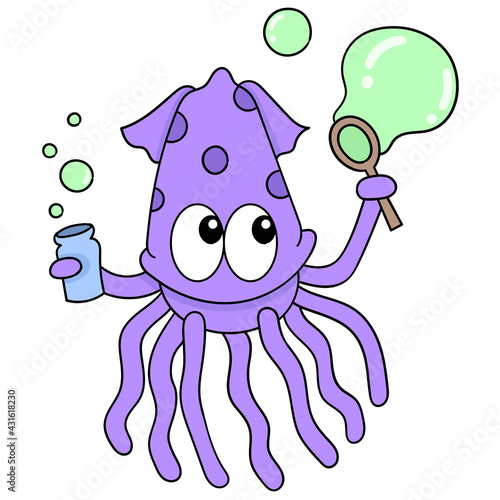 cute squid playing with soap foam, doodle icon image kawaii