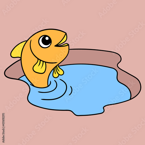 goldfish swim happily in puddles of water, doodle icon image kawaii